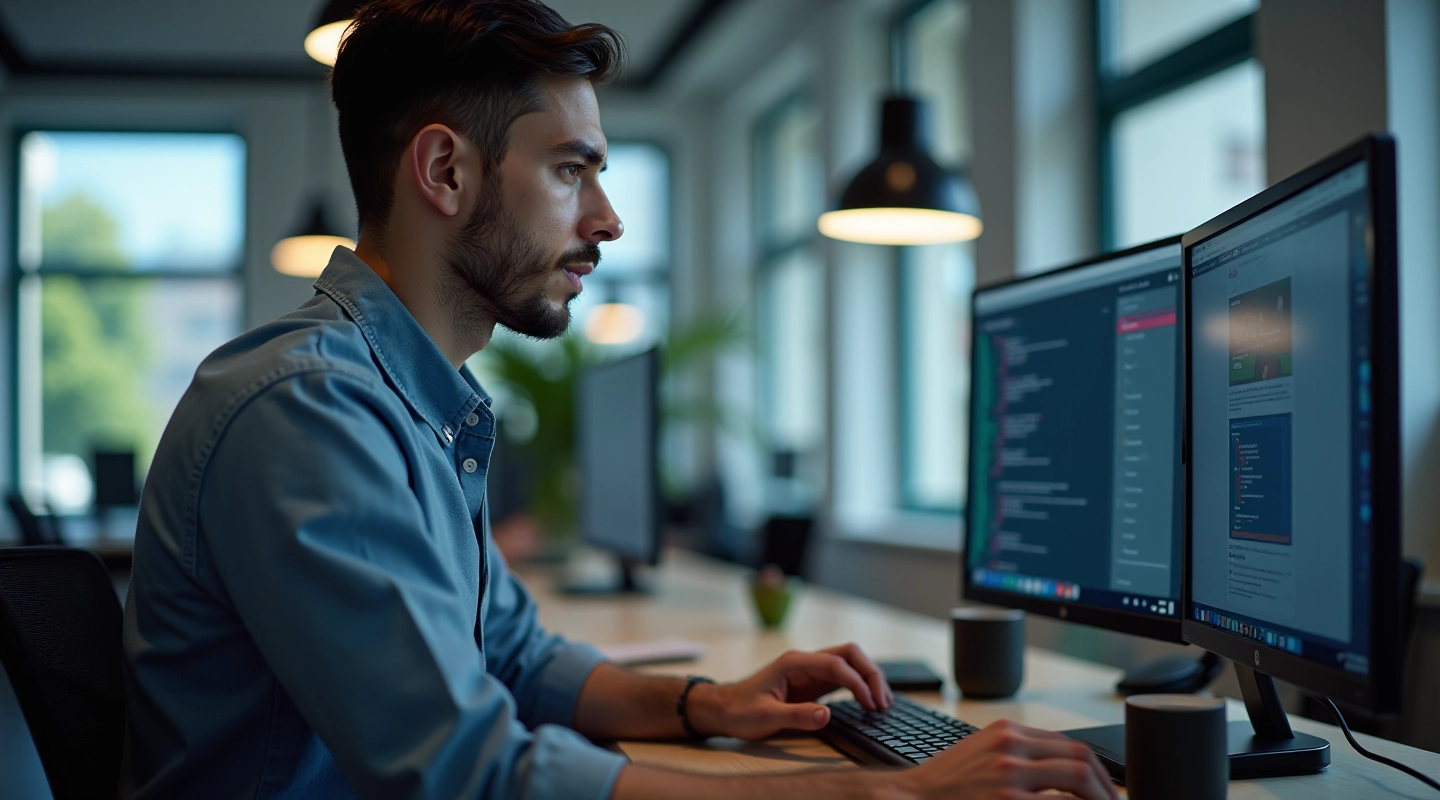 Laptop aberto mostrando código de programação em um monitor, ambiente de desenvolvimento moderno